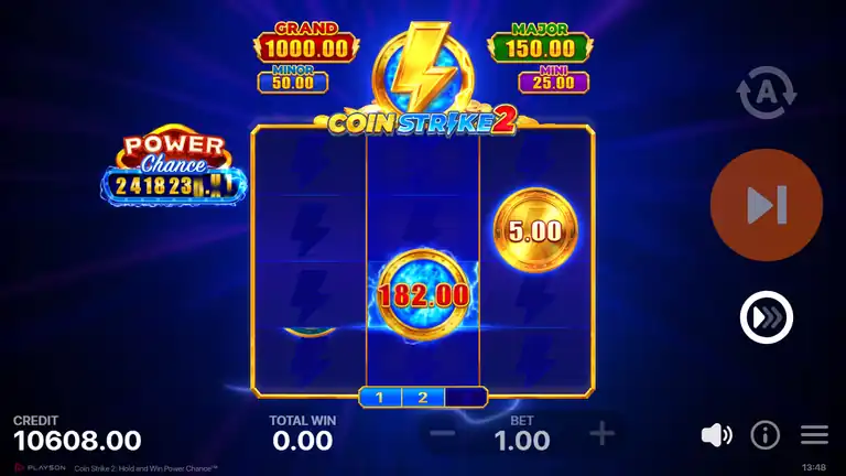 HOLD AND WIN board during best bonus at spin 1484 - single central coin accumulated to 196.00, credit 10,608.00