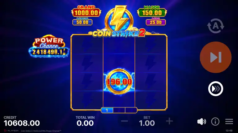 HOLD AND WIN result at spin 1484 - single coin 196.00 on screen, credit 10,608.00, Power Chance 2,418,490